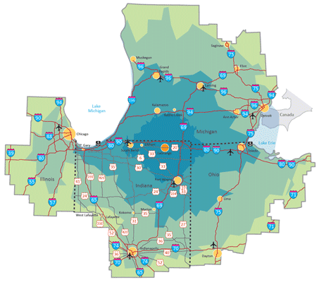 LaGrange County, Indiana 1, 2, and 3-Hour Drive Time Map